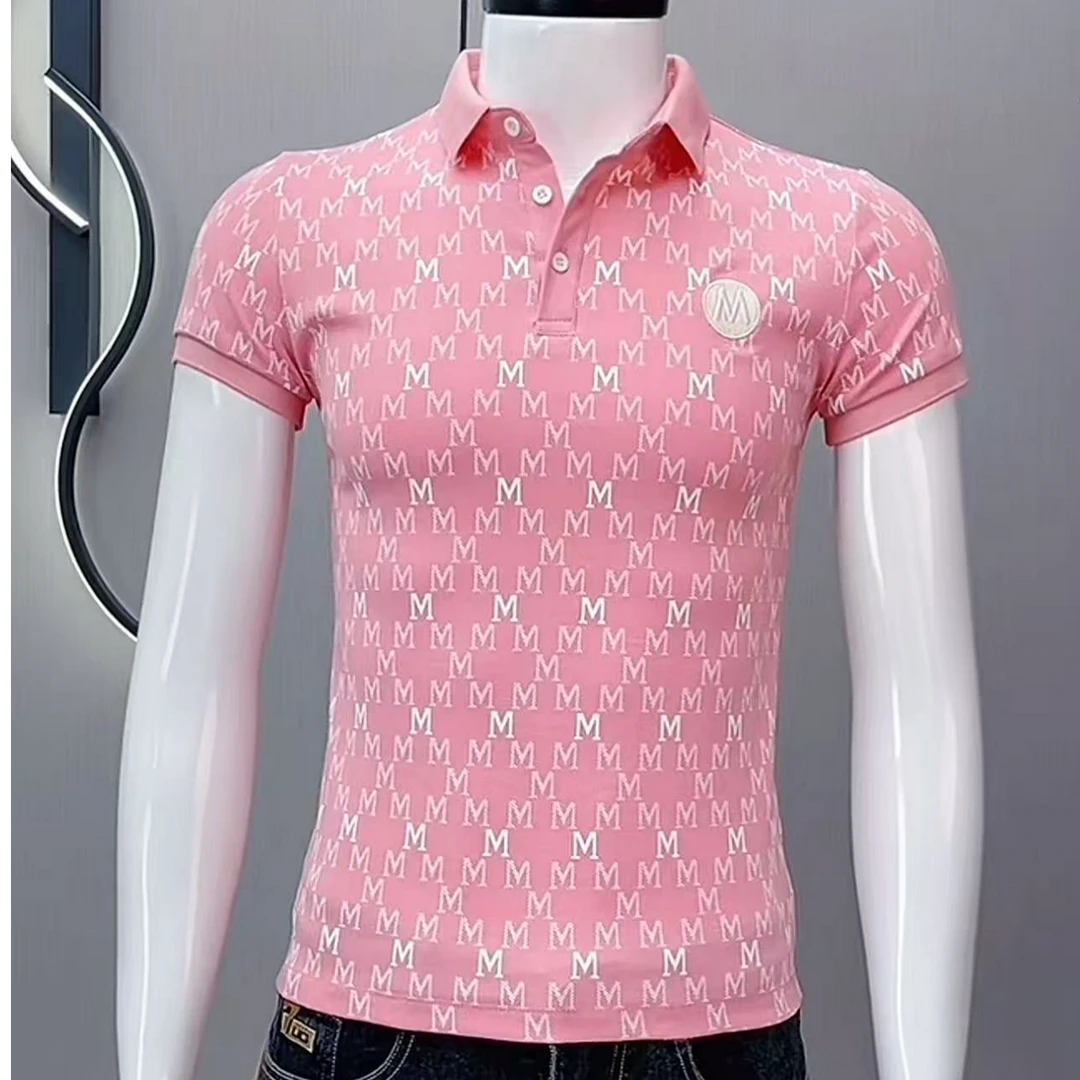 Polo衫男款2025夏季新款字母印花翻领男士t恤短袖修身轻熟风痞帅