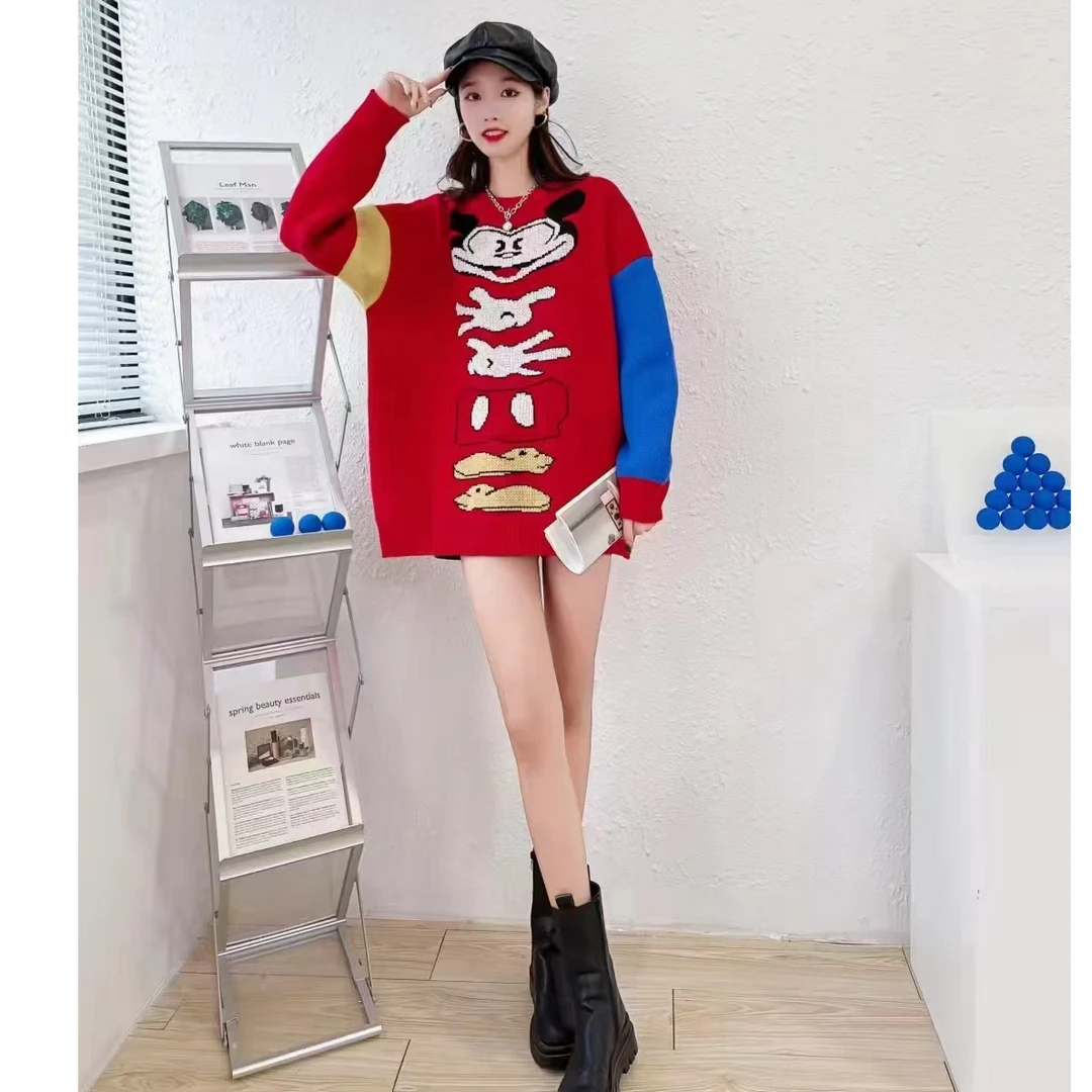 8088 小众慵懒风撞色感米奇针织毛衣女甜美宽松设计感秋冬新款