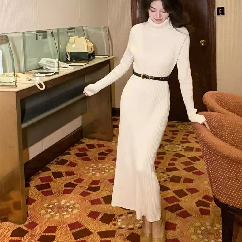 MUMIOU百搭毛衣打底裙女秋冬新款修身显瘦加厚高领针织连衣裙