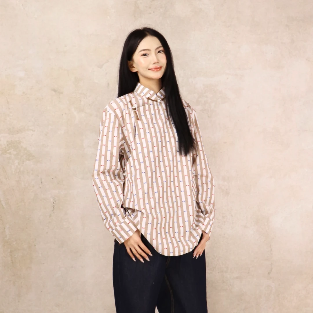 【蒙之艺】卡其色竖条纹毛点蒙古元素斜襟衬衫