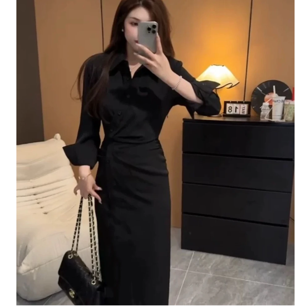 【小稳专属】微胖大码温柔气质御姐风V领收腰衬衫连衣裙5031