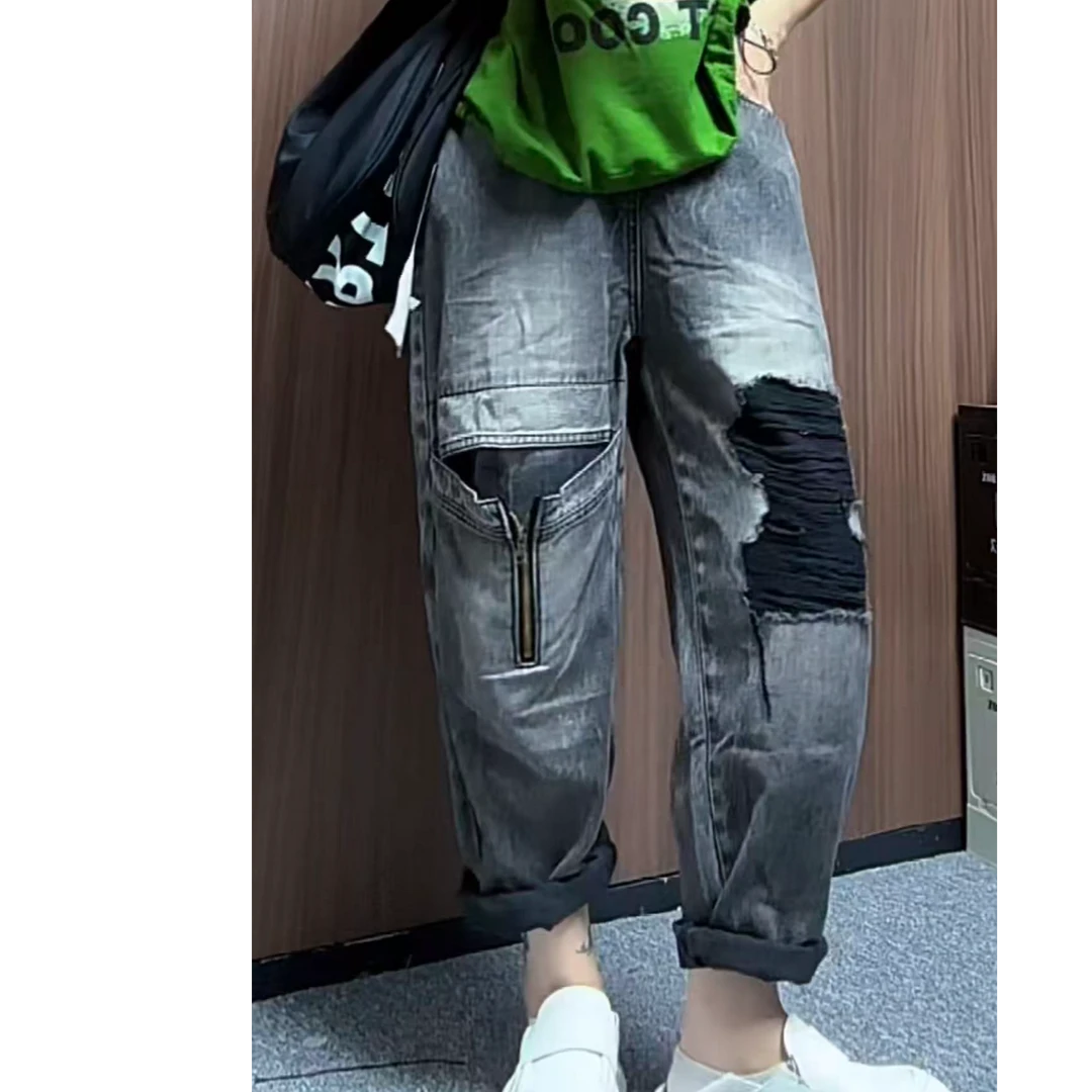 阿娟家81166时尚百搭高级灰拉链特色牛子老爹裤