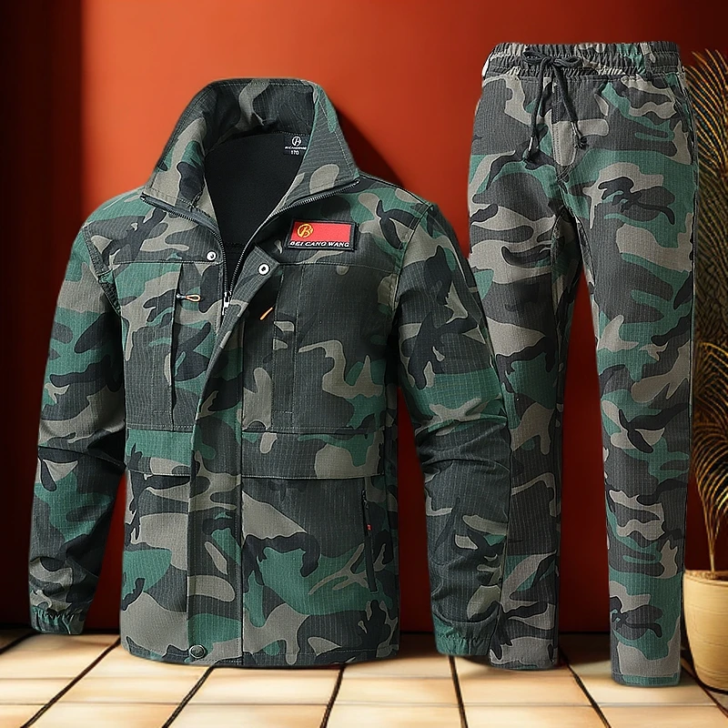 北仓王春秋新款迷彩户外网格弹力套装抗磨耐撕裂工装工厂旅行露营