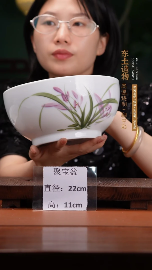 陶瓷景德镇高温釉中彩餐具聚宝盆直径22高11