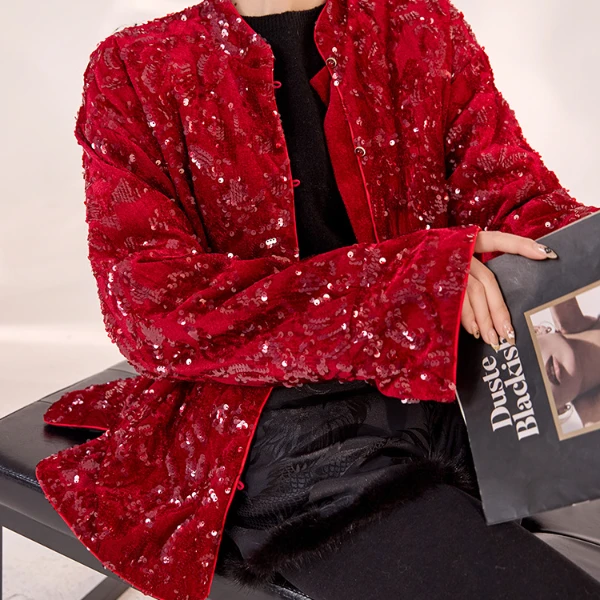 【言欢-加棉】国风冬季新款重工亮片刺绣红色外套新中式高级感MY105