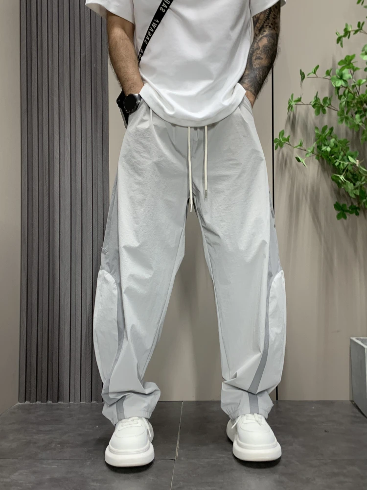 潮牌拼接撞色直筒休闲裤男士夏季薄款透气速干运动裤美式宽松长裤