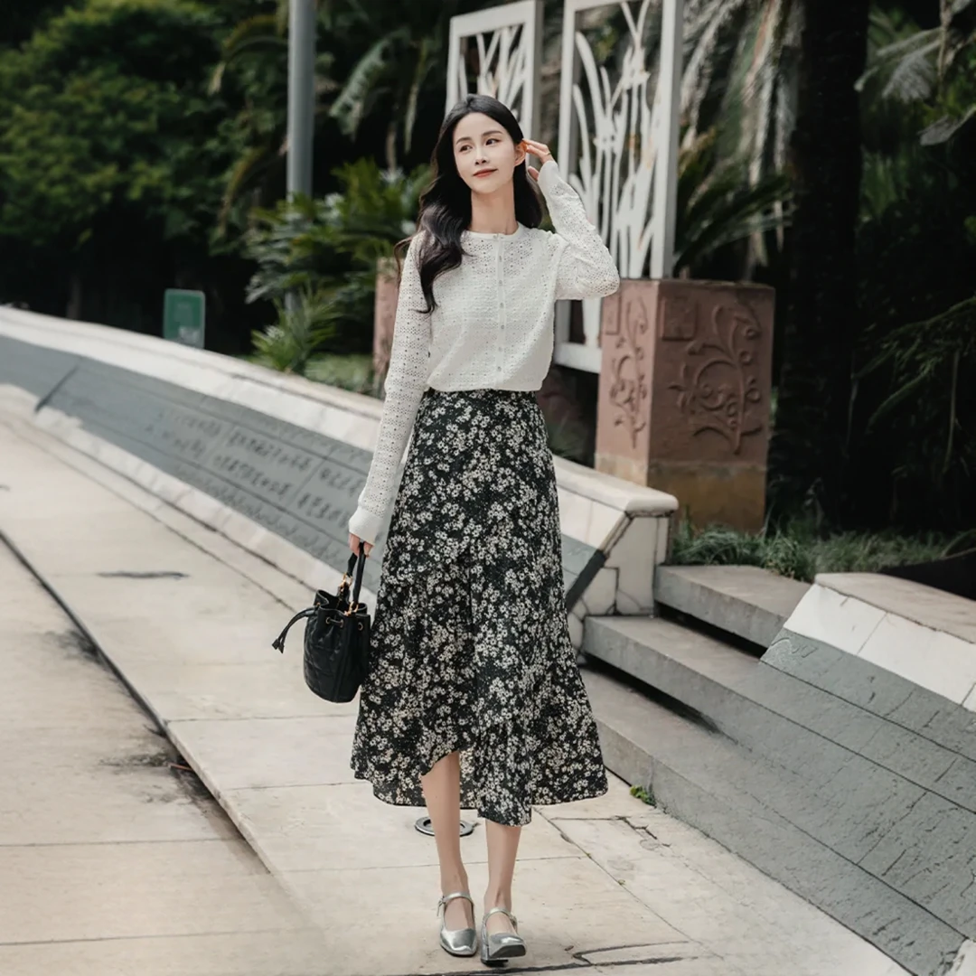 GIRDEAR哥弟夏季薄款法式高腰印花显瘦度假半身裙长裙子女1200318