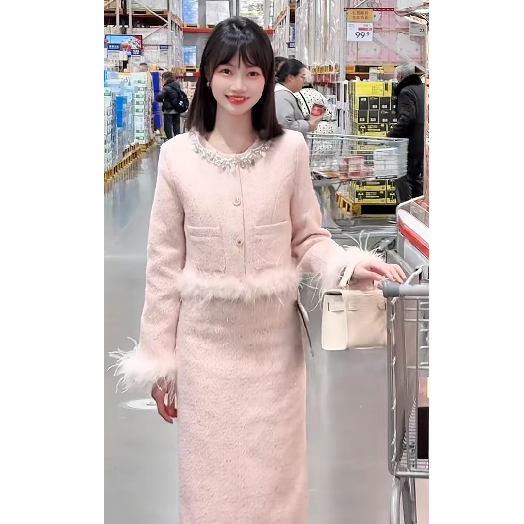 安淇儿●小香风显瘦网红时尚法式名媛套装JJD3TZ4268C 毛领火鸡毛