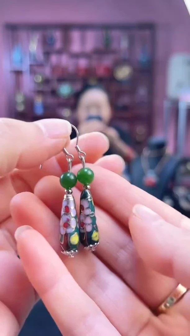 非遗 景泰蓝耳饰 水滴 绿色