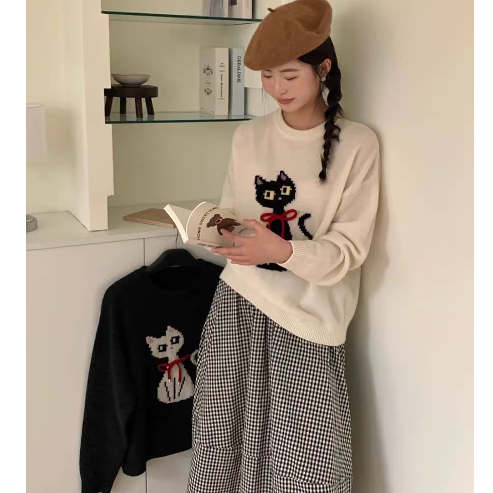 【MY SHAN】冬季新款卡通小猫宽松提花全毛蝴蝶结百搭羊毛毛衣08192