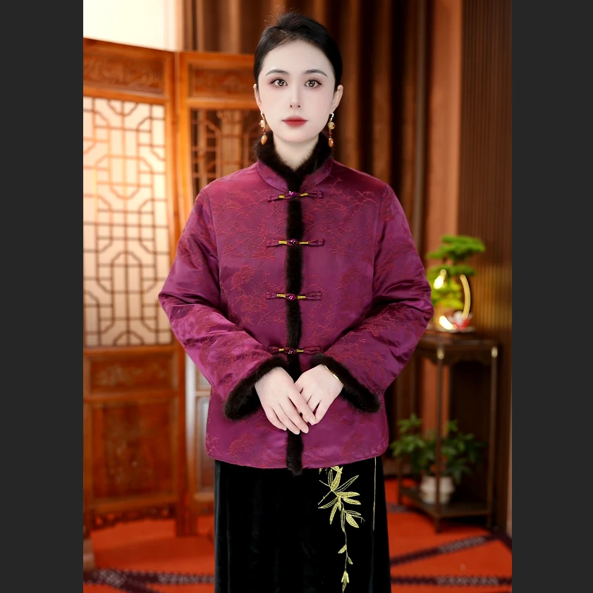 【真丝鹅绒】2025冬季水貂毛紫气提花真丝女士白鹅绒服盘扣贵气外套