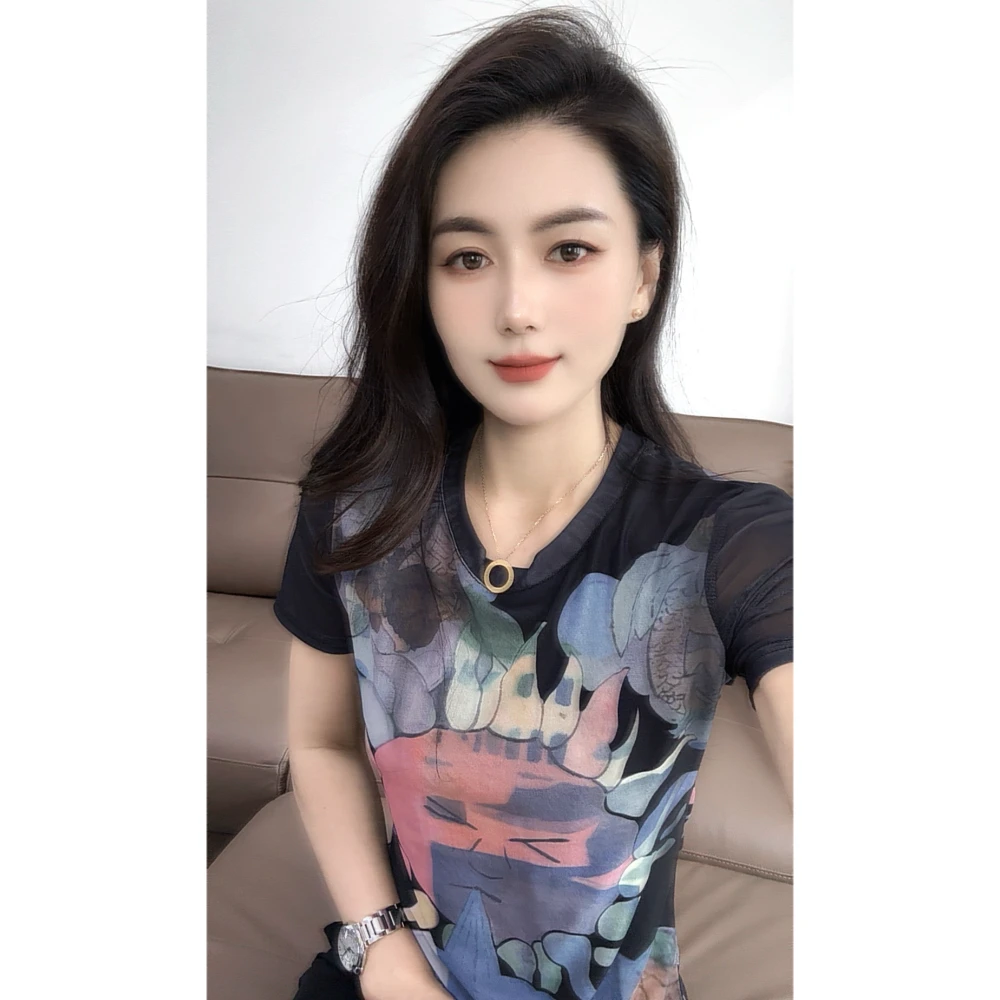圆领时尚印花网纱短袖2025年夏季抗皱百搭修身打底衫洋气通勤T恤