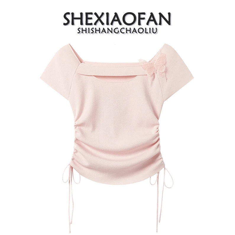 抽绳方领短袖高级感休闲时尚气质女2025夏季新款甜美收腰显瘦t恤