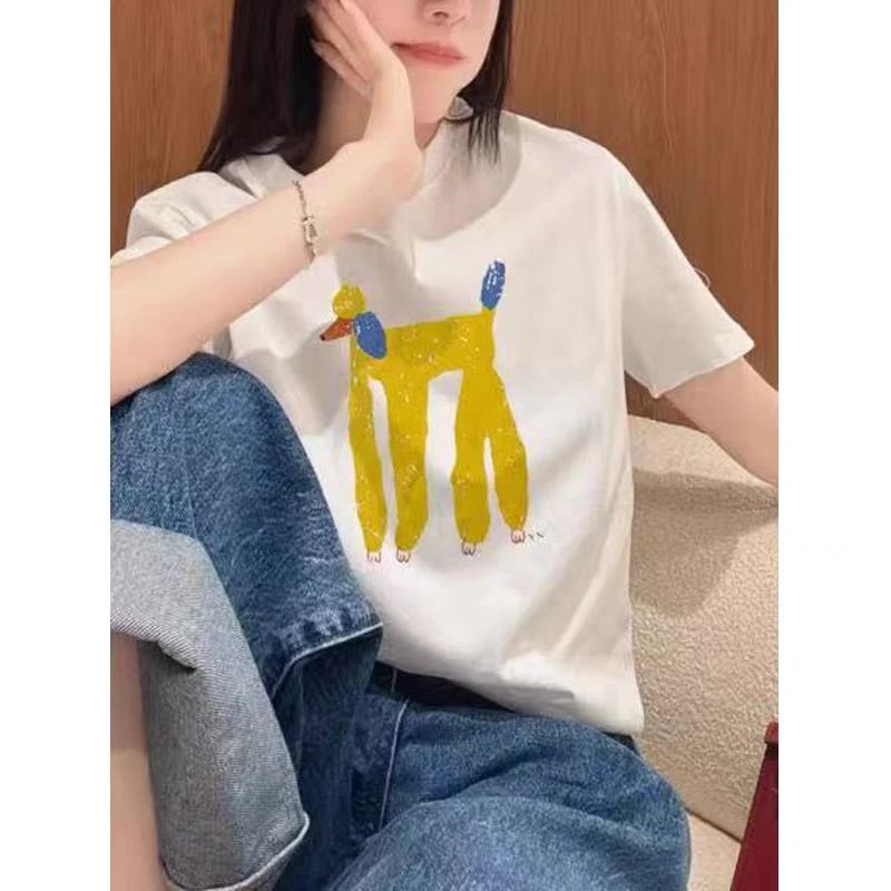 欧货抽象小狗印花t恤女短袖2025春夏新款宽松白色圆领打底衫上衣