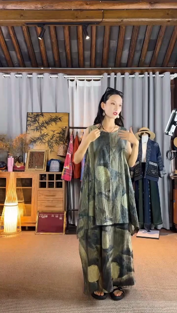 设计师款黄绿泥染满月连衣裙