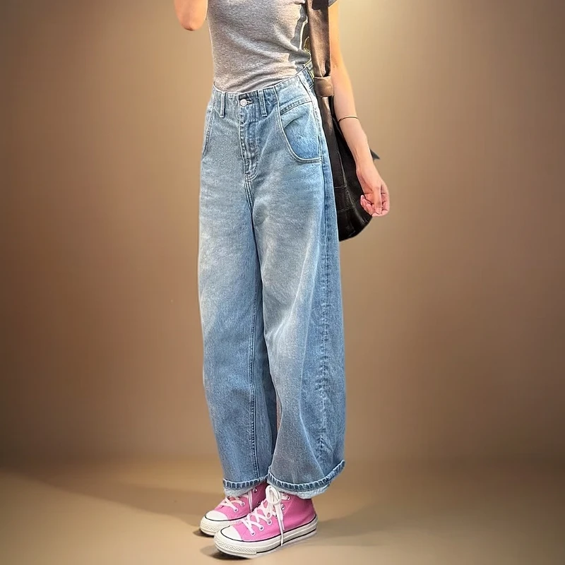 今年流行小个子又a又飒时尚炸街蓝色高腰显瘦直筒牛仔阔腿裤女春
