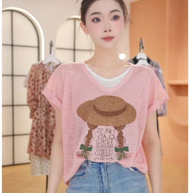 2025夏季新款假两件草帽女孩针织提花短袖上衣T恤8505-2