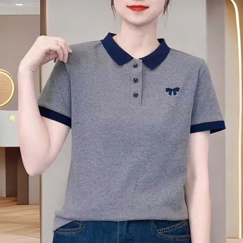 【纯棉】休闲女t恤拼色短袖洋气减龄时尚韩版设计感温柔知性衣服女