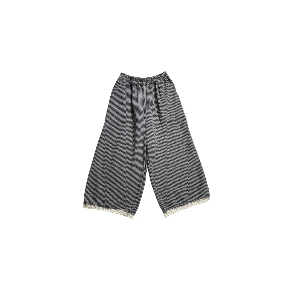 小满服饰-新品春款竖条纹拼接花边阔腿裤