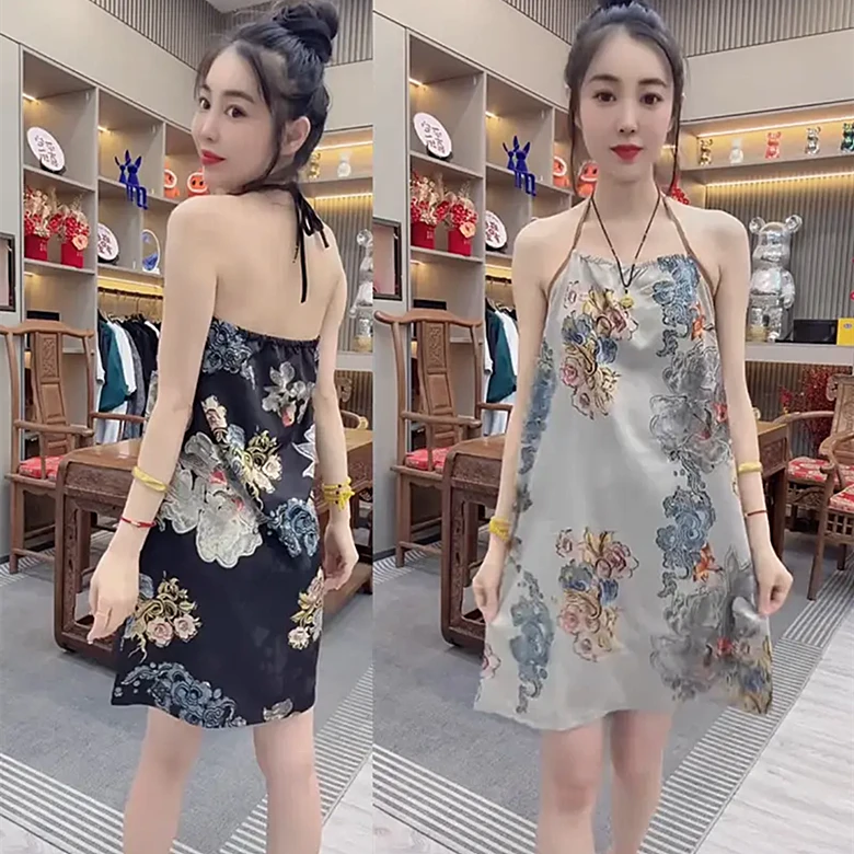 2025夏季新款宽松中国风吊带性感背心裙女复古碎花系带露背外穿
