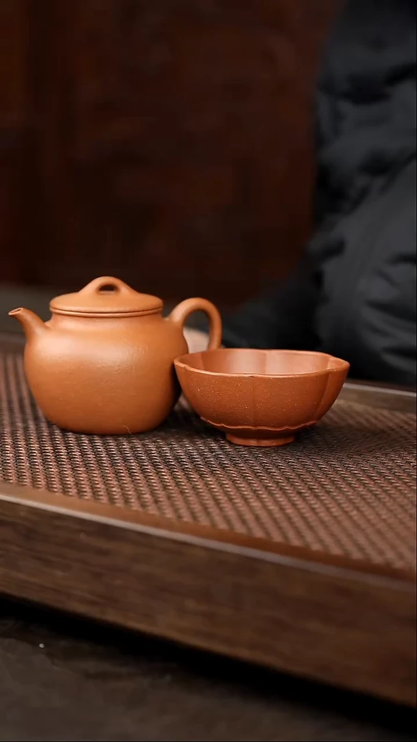茶壶紫砂红黄泥古莲子+红降坡梵莲杯