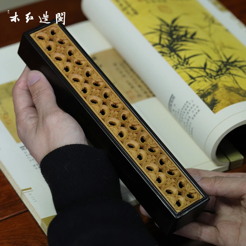 紫光檀梅花卧香盒嵌黄杨木镂空香薰炉檀香红木线香盒室内香座香插