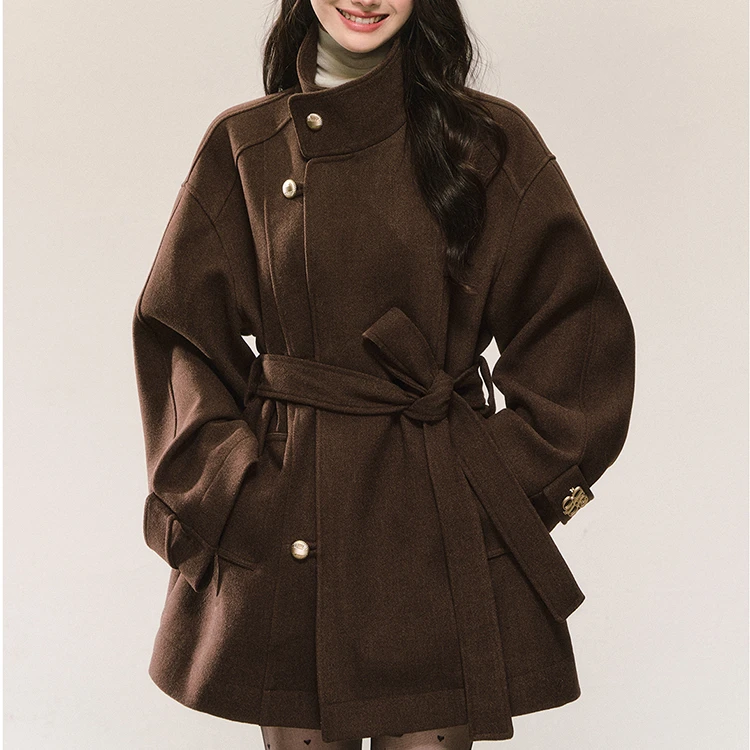 复古高级感立领毛呢外套女2025秋冬新款系带收腰显瘦气质棕色大衣