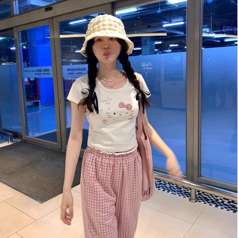 韩国小众ins趣味kitty涂鸦动漫卡通正肩修身短款短款T恤女夏新款