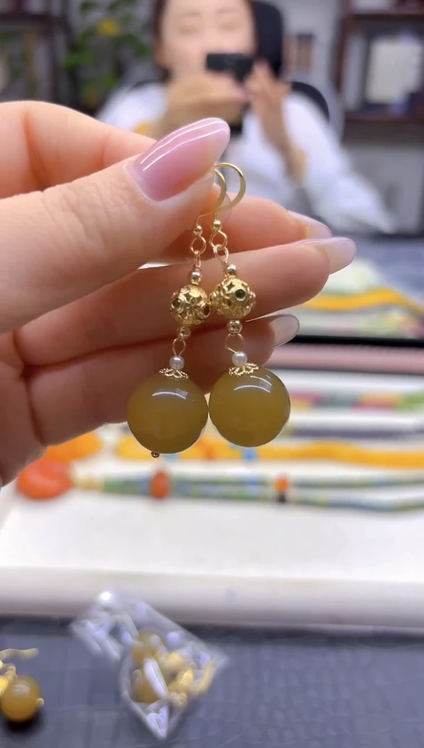 14K金镶嵌和田玉耳饰DIY款E247