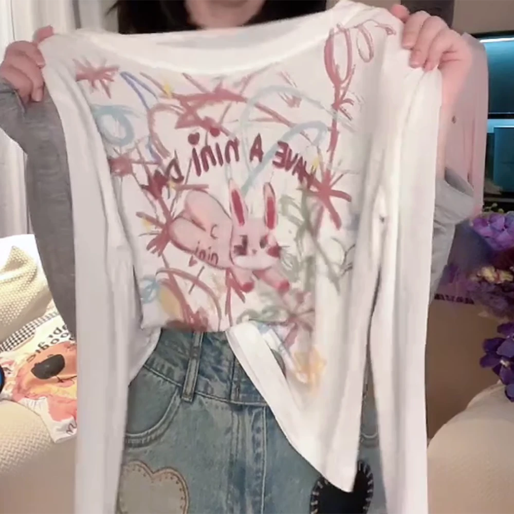 卡通趣味美式街头宽松百搭时尚T恤上衣长袖气质显瘦