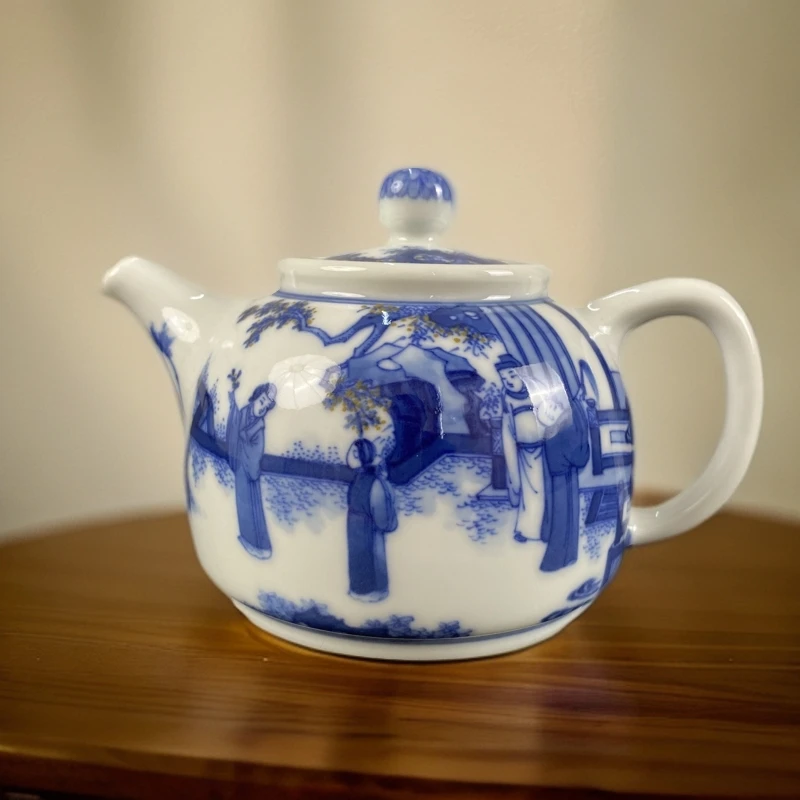 景德镇 小雅青花 小雅珍藏款 手绘青花西厢记人物马蹄茶壶茶具
