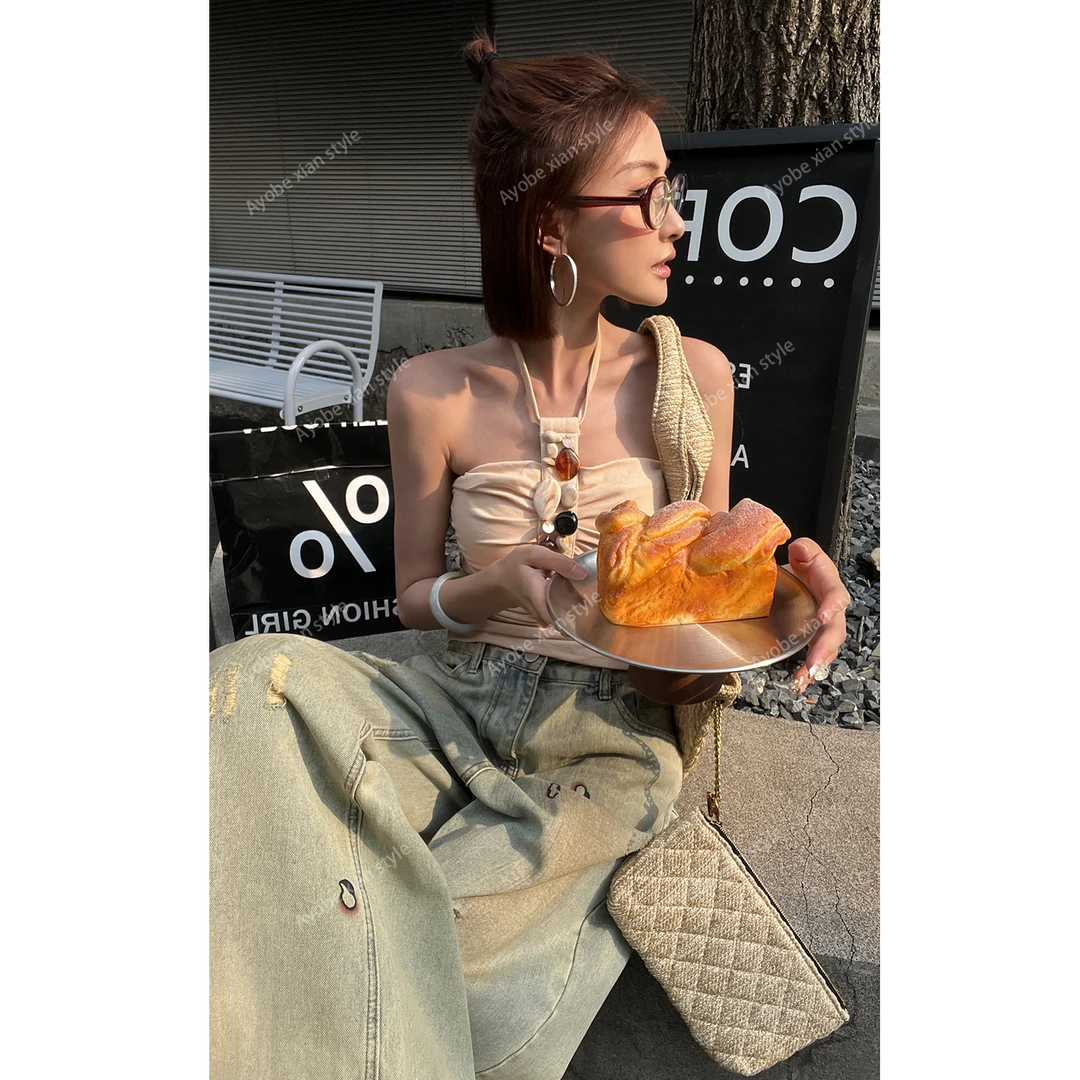 【Ayobe】暧昧书信~辣妹纯欲挂脖设计感修身褶皱吊带背心仿抹胸上衣