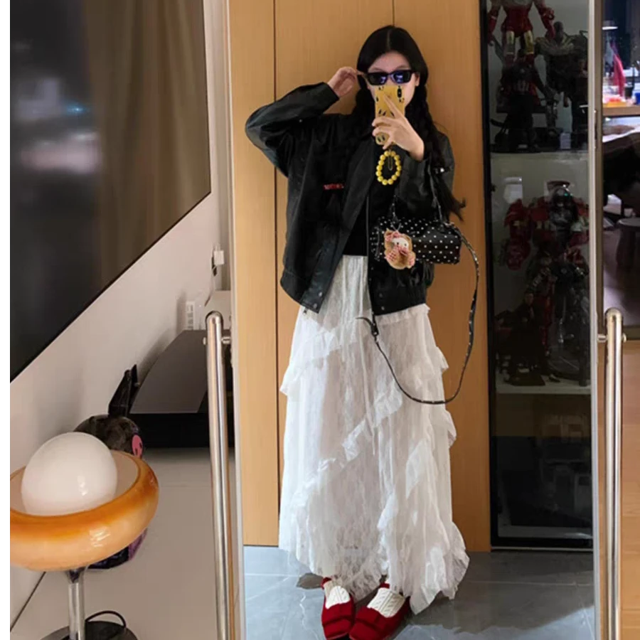 大码韩版春夏设计感斜纹拼接蕾丝半身裙松紧腰显瘦大摆a字裙5782