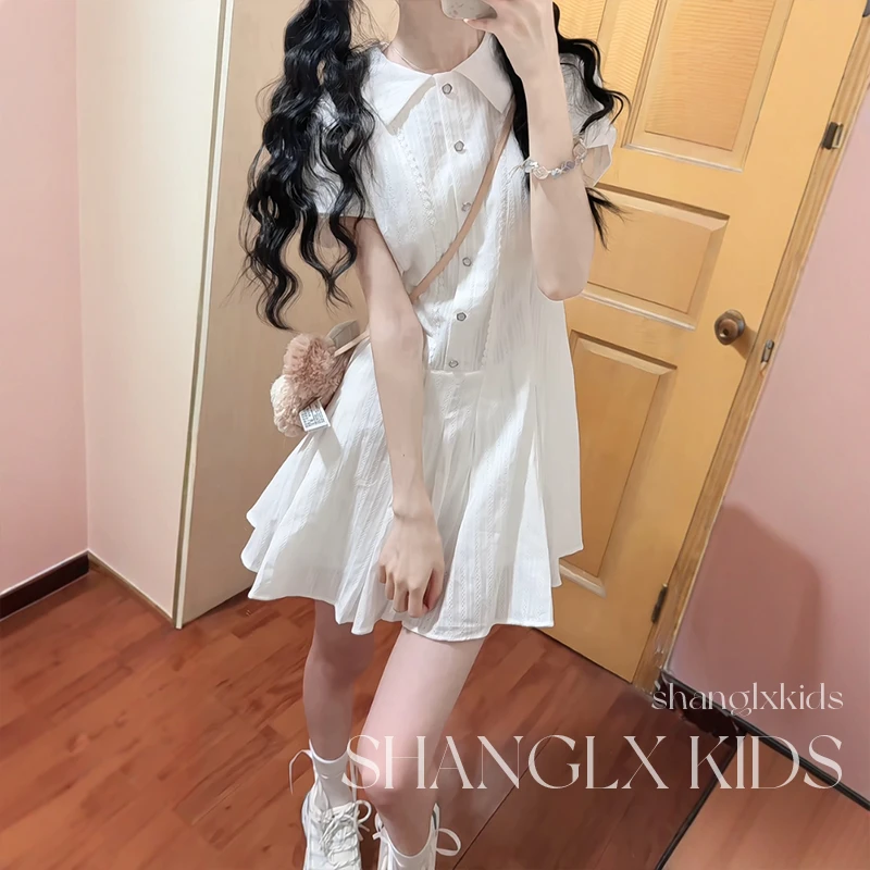 女孩子裙子2025新款女童泡泡袖衬衫连衣裙儿童夏季新款绝美超好看