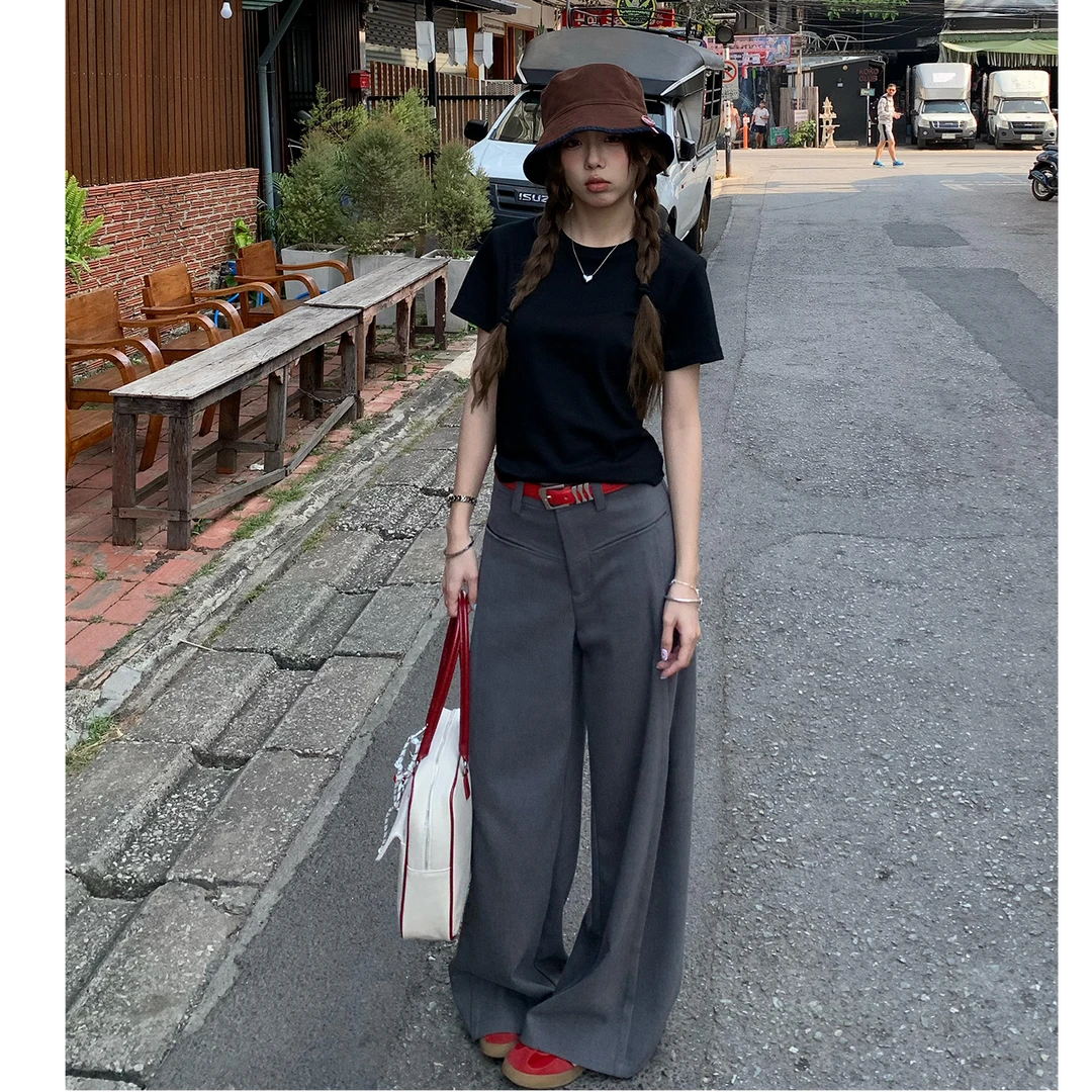 韩系慵懒风垂感灰色西装裤休闲裤女2025春季百搭高腰阔腿裤拖地裤