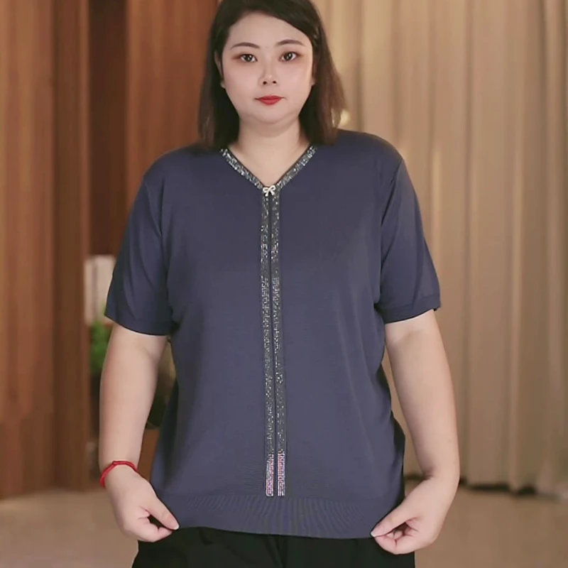 夏季冰爽针织衫大码女装胖mm宽松显瘦短袖百搭V领烫金遮肚