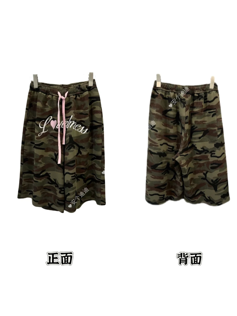 【安-森林迷彩裤】春夏美式复古爱心字母迷彩七分裤女休闲阔腿直筒