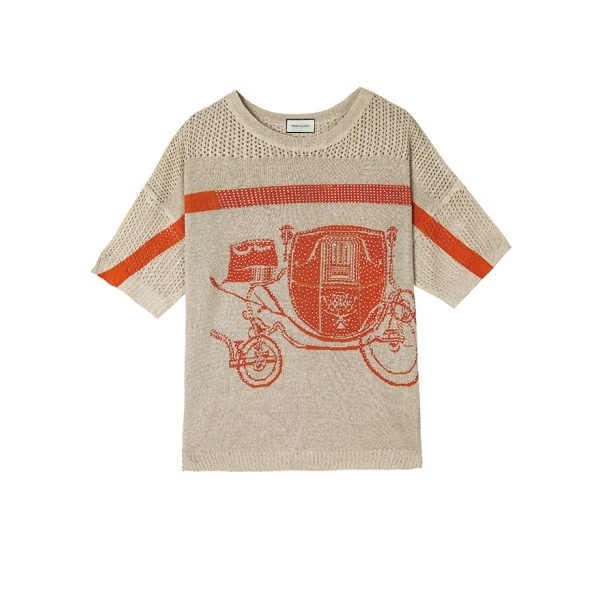 【宠粉专属】重工马车烫钻印花夏短袖针织衫宽松套头时尚圆领毛衣