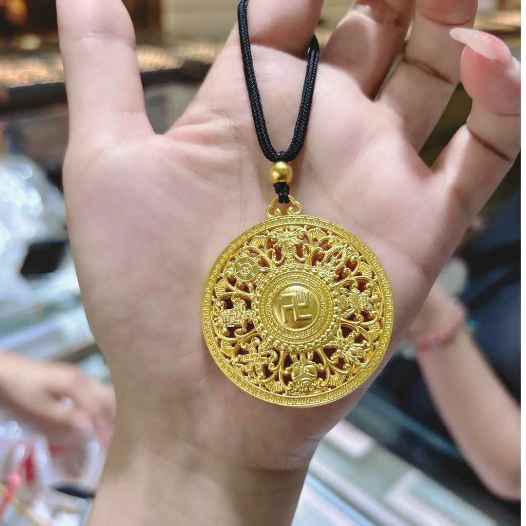 足金999真金纯黄金吊坠古法福字八宝罗盘按克计价