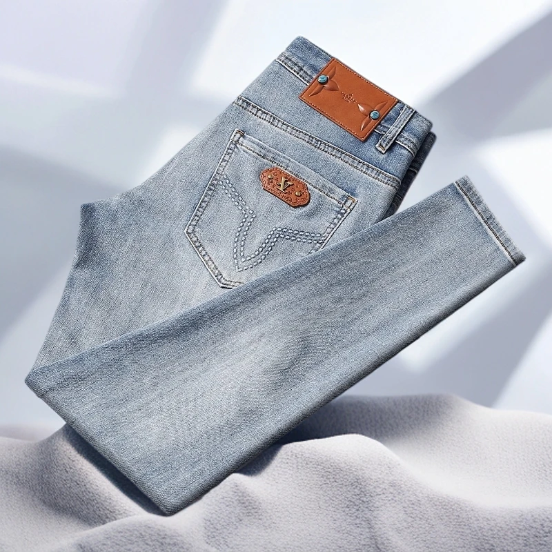 宾斯洛特夏季薄款浅蓝色牛仔裤男弹力修身小直筒裤子男士时尚潮流