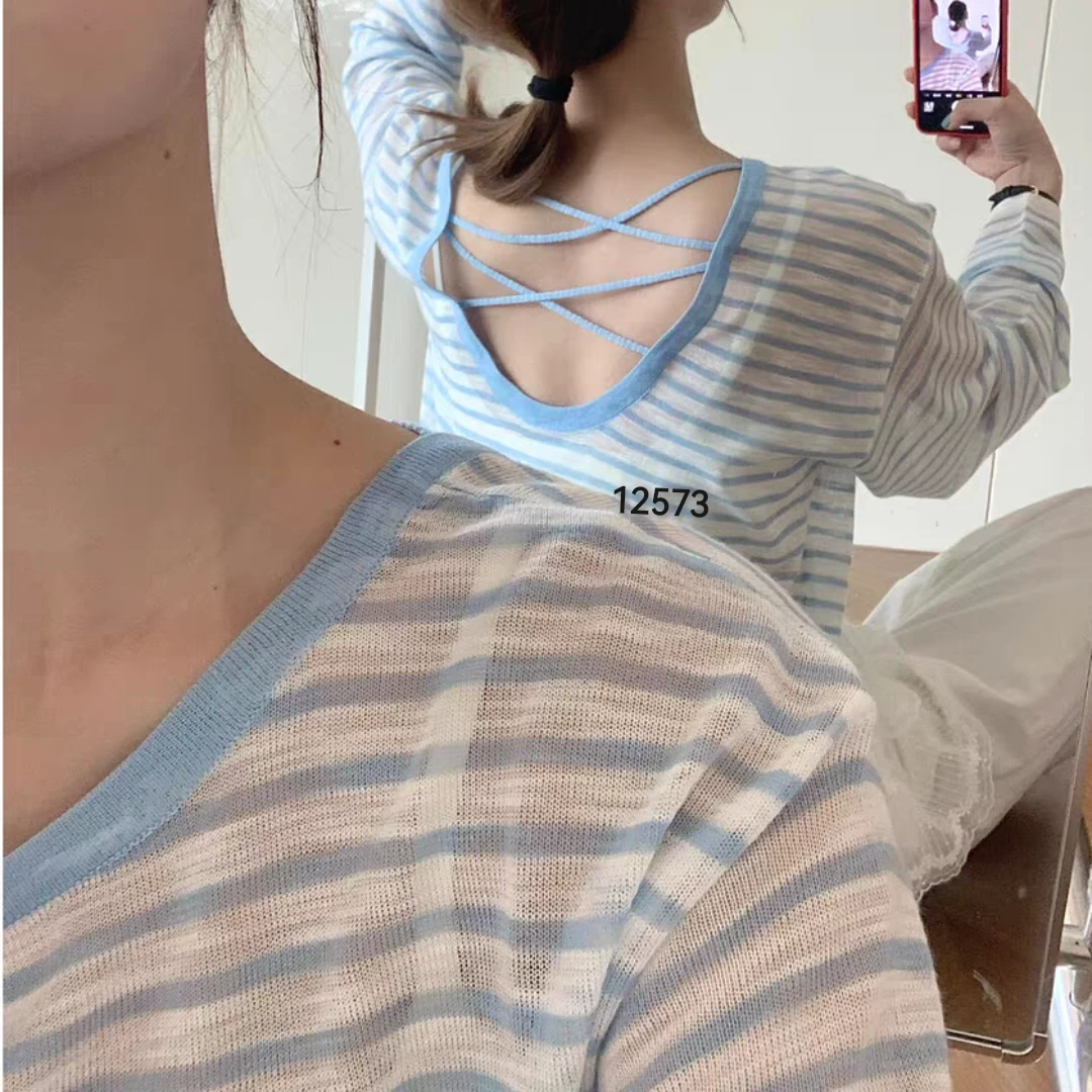 12573（部分无水洗唛，介意慎拍）WANGDAN刺绣后背大U领交叉条纹长袖