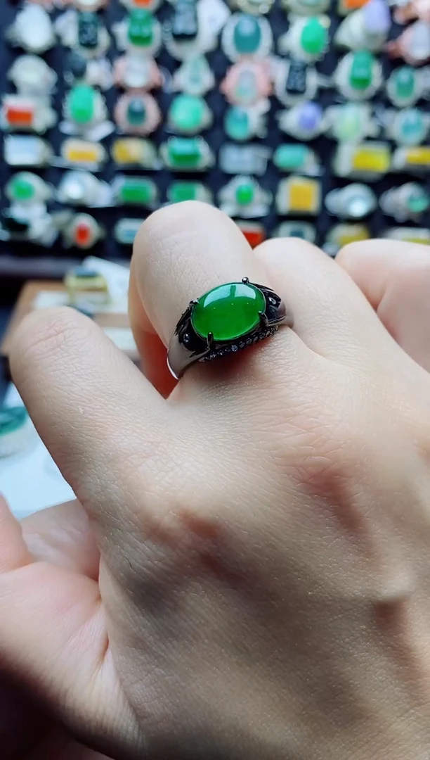 银S925镶嵌戒指翡翠醉**尘天然翡翠A货男戒