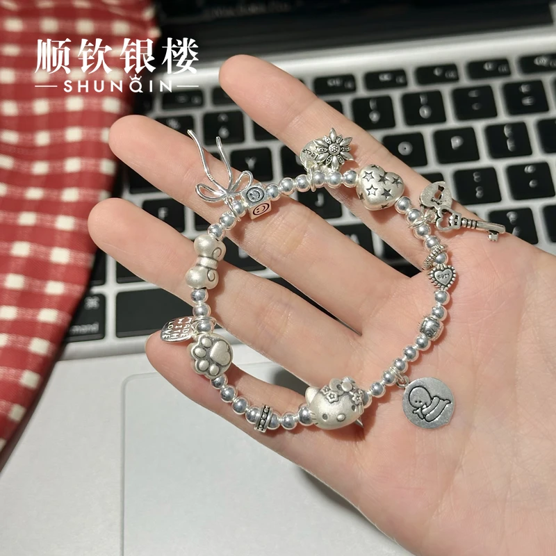 顺钦银楼 925银手链 【多宝盒子手串】S925银珠kitty猫配件足银999
