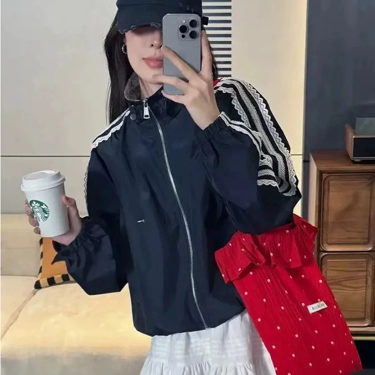 韩版立领蕾丝拼接休闲外套女2025春季新款撞色时尚百搭上衣