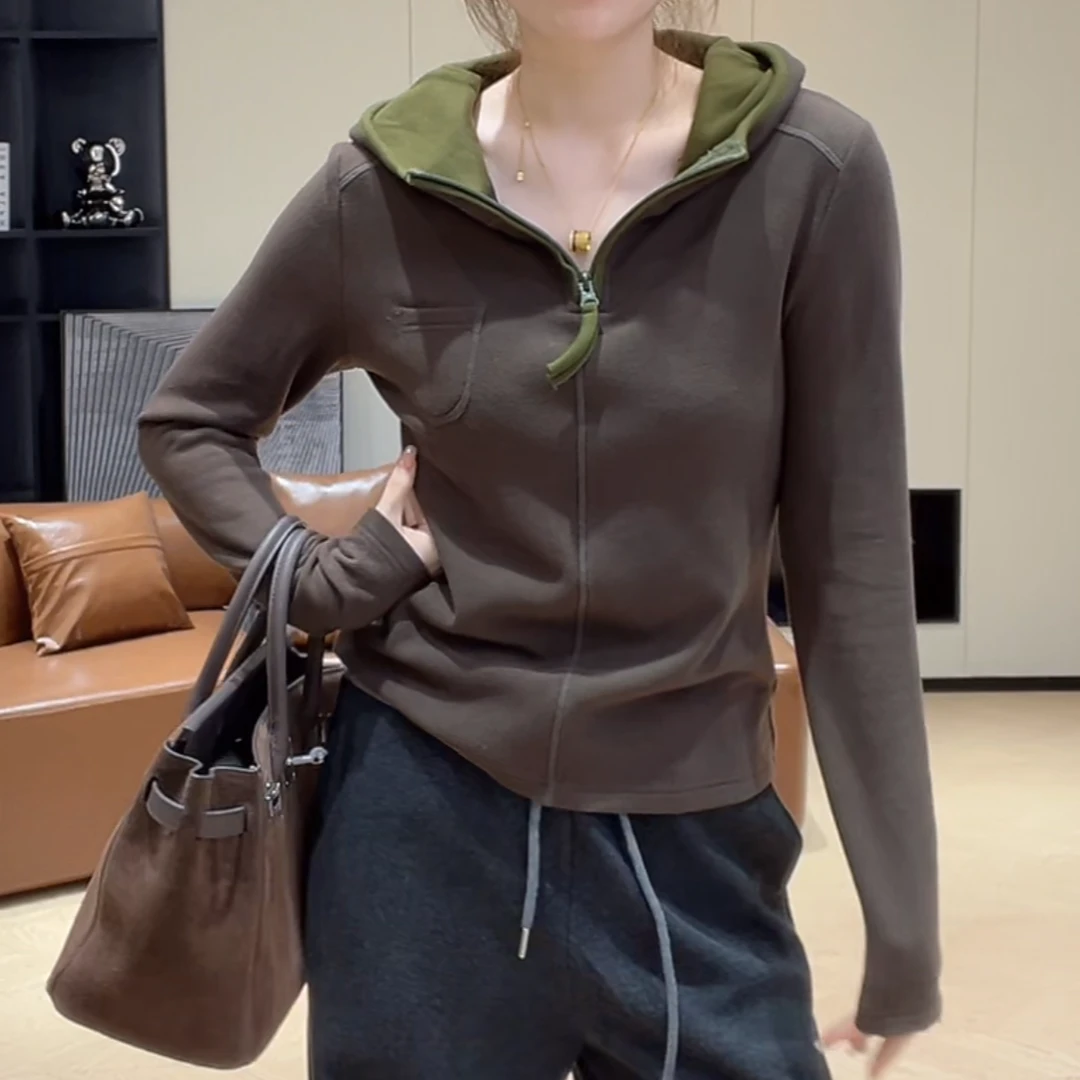 撞色拉链设计感连帽长袖卫衣女秋冬2025新款百搭休闲时尚显瘦上衣