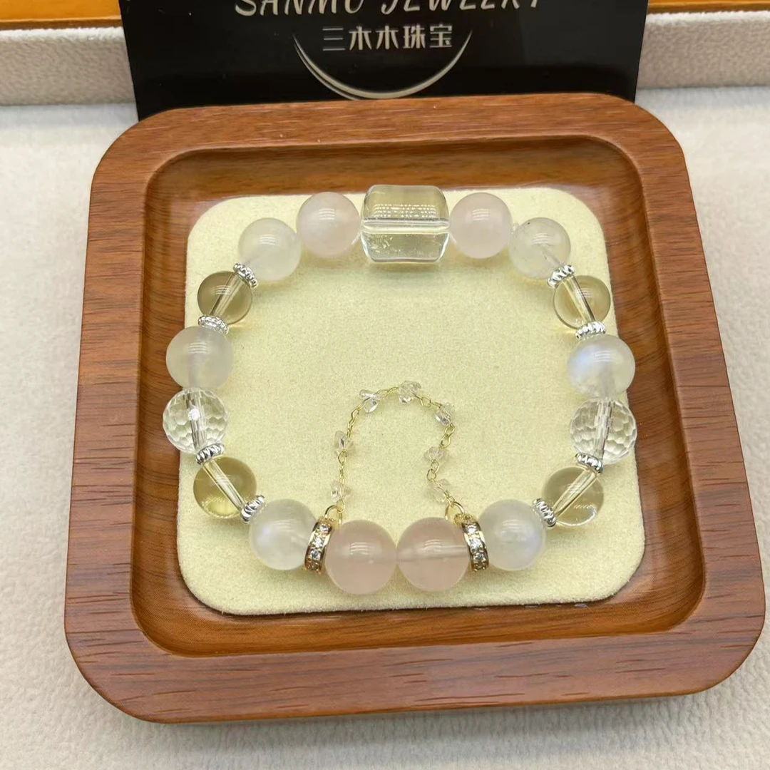 46天然水晶手串白黄粉水晶蓝月光女生手串原创设计款