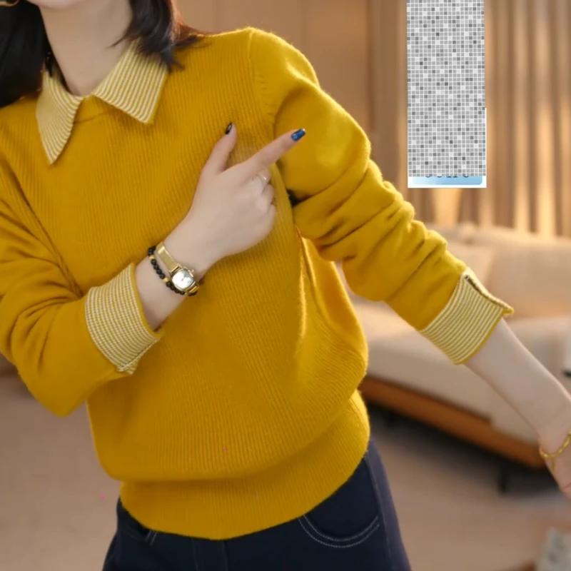 【叠韵】2025秋冬新款简约风百搭假两件翻领针织衫LK2508217