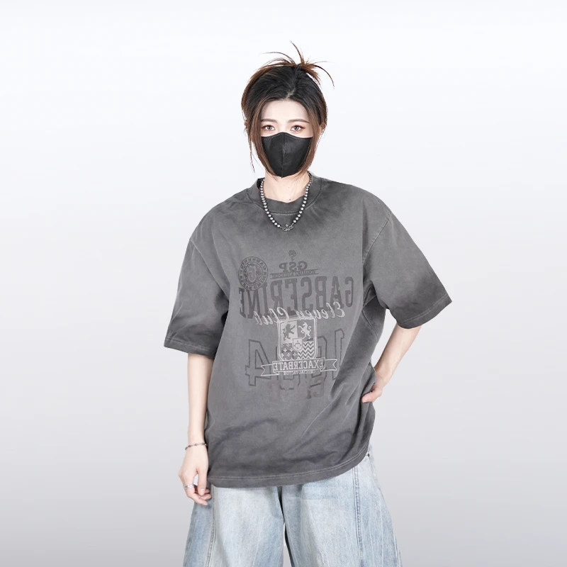 门店主推爆款短袖T恤男25早春潮牌美式做旧水洗晕染灰色高街半袖t