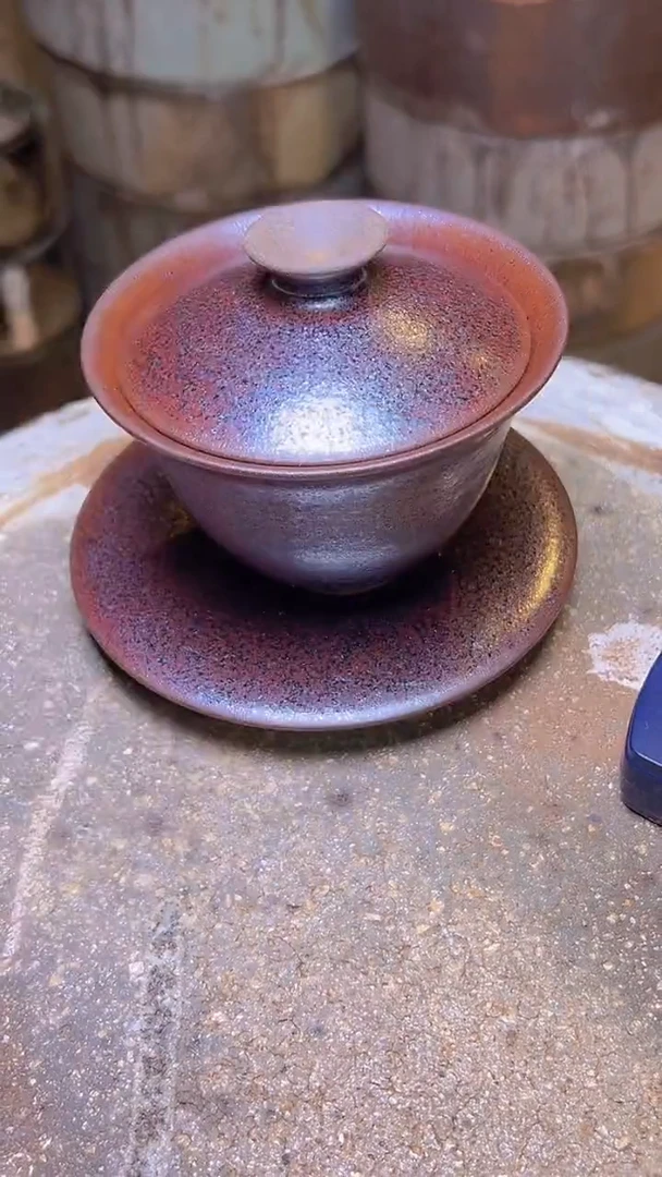 茶盏柴烧铁锈三才盖碗