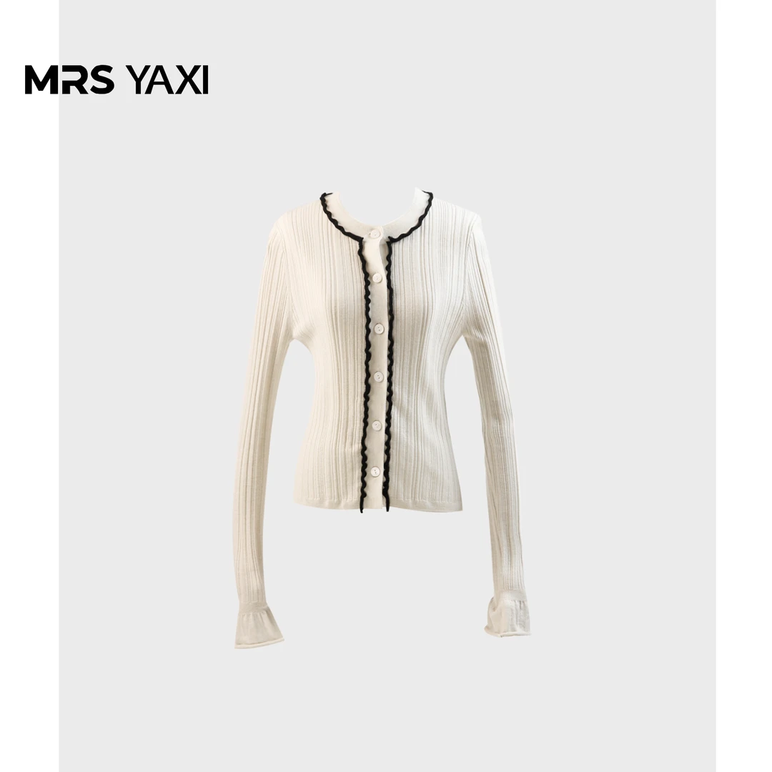 Mrsyaxi木耳边圆领撞色长袖开衫YX4080201